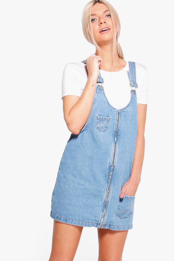 Lara Zip Through Slogan Pinafore Dress